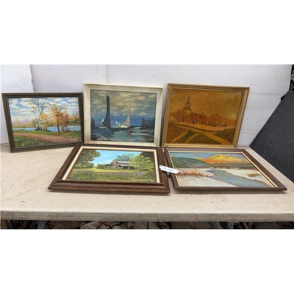 Five Framed, 1 Unframed Oil or Acrylic Paintings / Pictures Landscapes, Sailboats, Cabin and