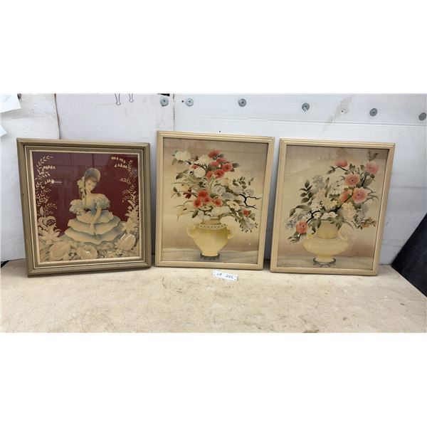 Three Framed Pictures, Victorian Lady and Floral Vase Arrangement, Largest 24 × 20”