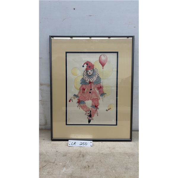 Framed Original Colored Pencil Drawing of Clown with Balloon, Signed Venus, 19 × 15”