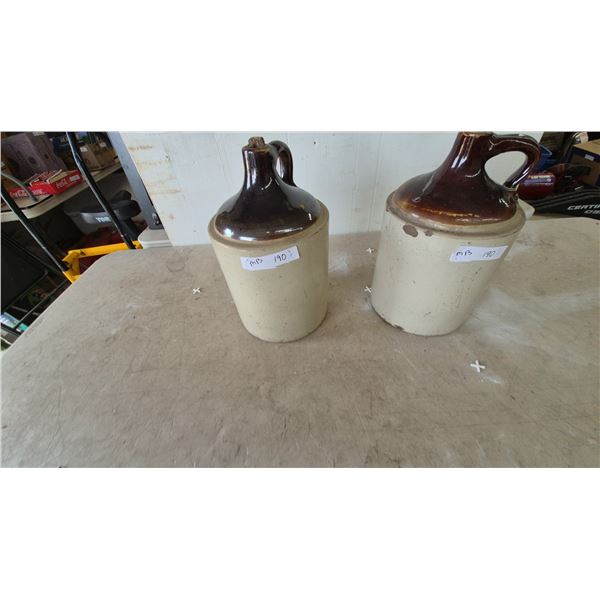 Two Antique Stoneware Jugs, Brown and Tan Glaze, One with Cork Stopper