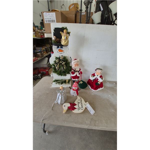 Christmas Decorations: Snowman Stand, Santa and Mrs. Claus Figures, Angel, Snowman, and Goose