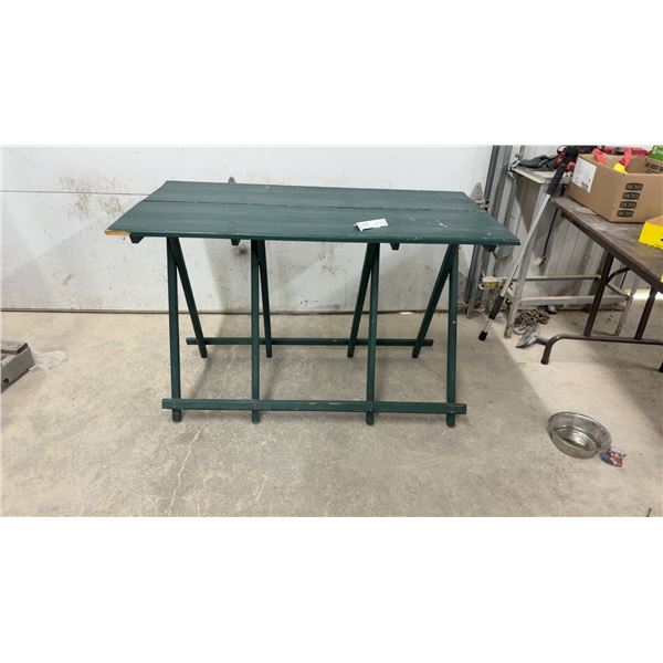 Wooden Folding Sawhorse-Style Table with Two-Panel Top, 30 × 48 × 25”