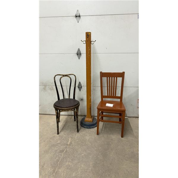Vintage Thonet-Style Bentwood Bistro Chair, Wooden Coat Rack, and Slat-Back Side Chair