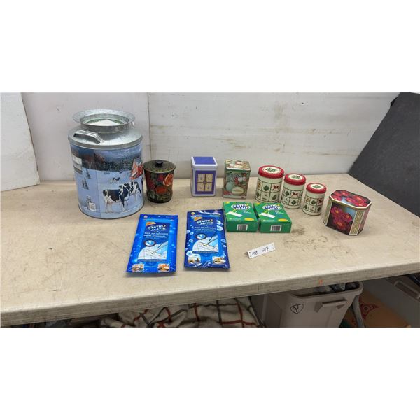 Silver Ridge Farm 1993 Winter Scene Decorative Milk Can Tin and Assorted Tins, Static Matic