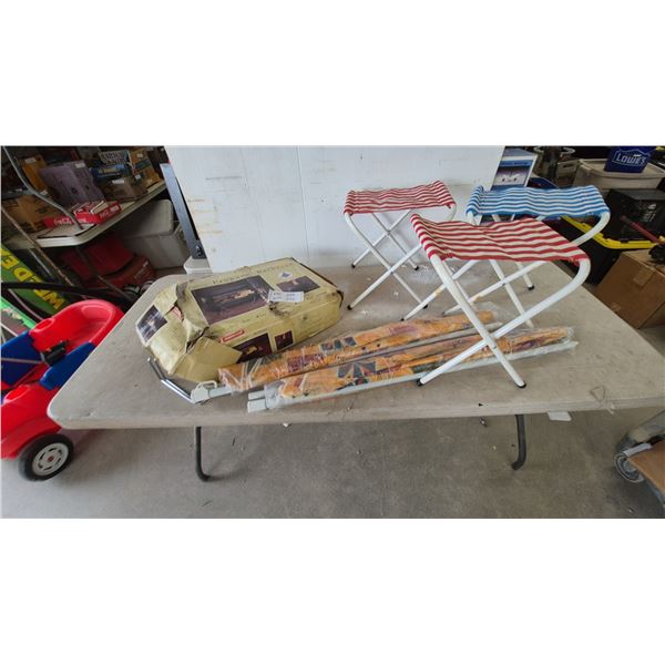 Tabletop Propane Barbecue, 3 Folding Stools, and 2 Patio Umbrellas