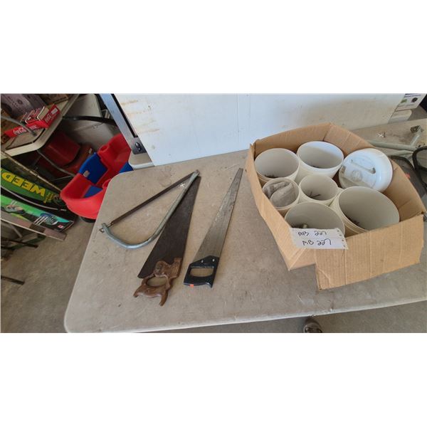 Assorted Saws, Fasteners, and Mirrors: Bow Saw, Hand Saws, Nails, Screws, Nuts, Bolts