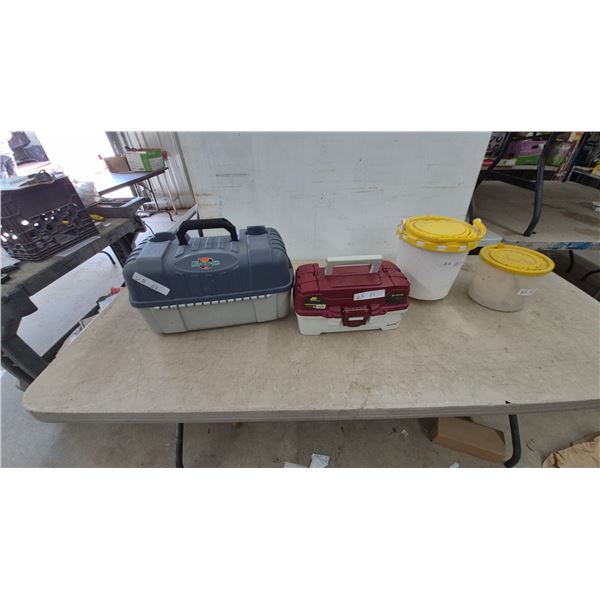 Flambeau Tackle Box, Flambeau One Tray Box, and 2 Bait Buckets with Lids