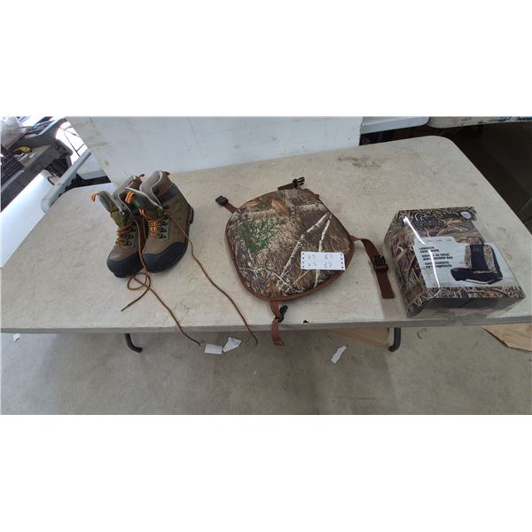 Ducks Unlimited Lowback Seat Cover, Camo Seat Cushion, and Pair of Hunting Boots