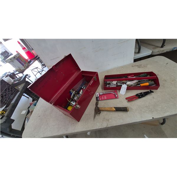 Red Metal Tool Box with Assorted Hand Tools, Wrenches, Screwdrivers, Hammer