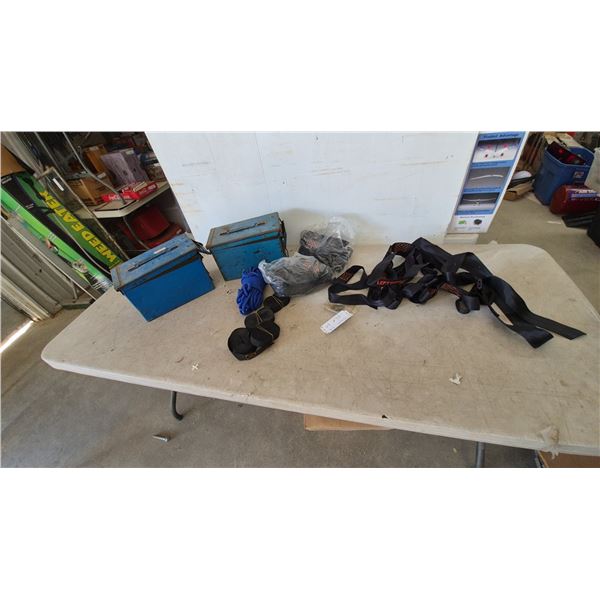 Two military ammo Metal Boxes, Blue Rope, Black Straps, and Two Packages of Black Straps. Game