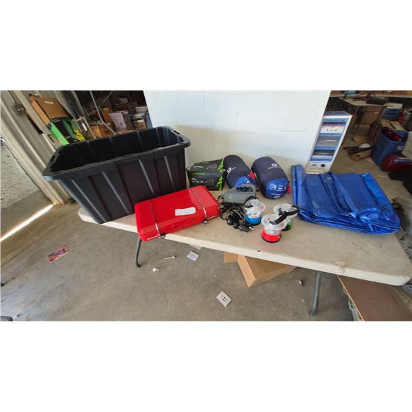 Outbound Camping Lot: 2 Sleeping Bags, 2 Tarps, Red Camp Stove, Woods Air Pump, and 3 Lanterns