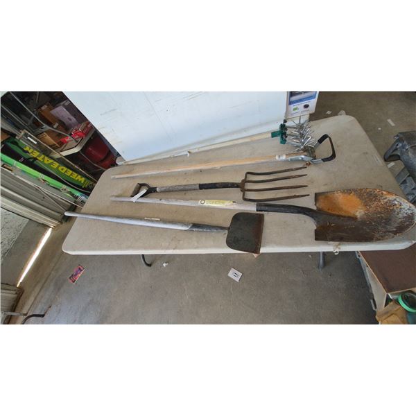 Garden Tools: Bronco Shovel, Pitchfork, Hoe, and Weeder