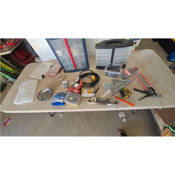 Assorted Hardware and Tools: Stanley Tape Measure, Caulk Gun, Hot Glue Gun, Levels