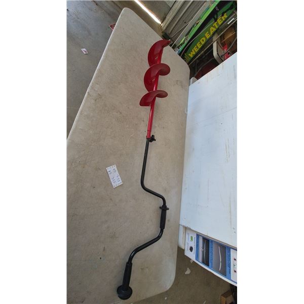 Ice Auger with Red Spiral Blades and Black Crank Handle