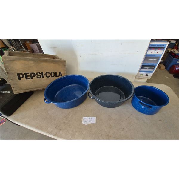 Vintage Pepsi-Cola Wood Crate and 3 Enamelware Pots (2 Blue, 1 Gray)