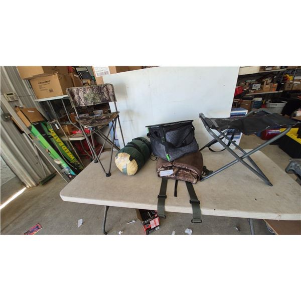 Camo Folding Chair, Stansport 3.8 Sleeping Bag, and 2 Black/Camo Bags
