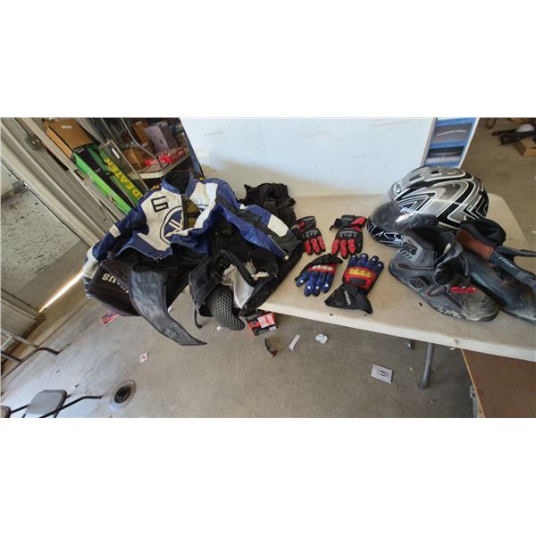 Motorcycle Gear Lot: HJC Full-Face Helmet, Leather Jacket, Honda Gloves, Thor Boots