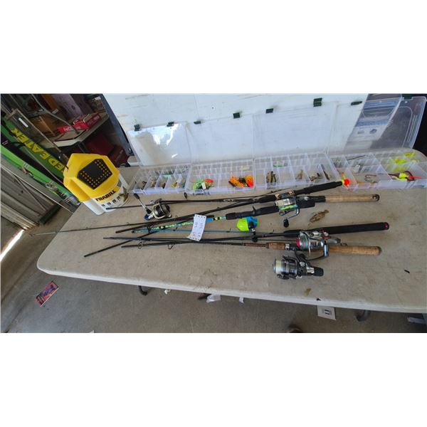 Fishing Rods, Reels, Tackle Boxes, Frabill Minnow Bucket, and Assorted Lures and Tackle