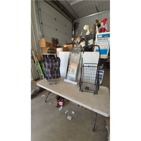 Three Folding Utility Carts, One New in Package, One with Stair-Climbing Wheels