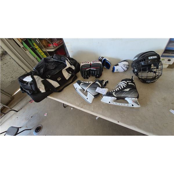 Easton Hockey Gloves, CCM Helmet, TACKLA Elbow Pads, Hockey Skates, and Hockey Bag
