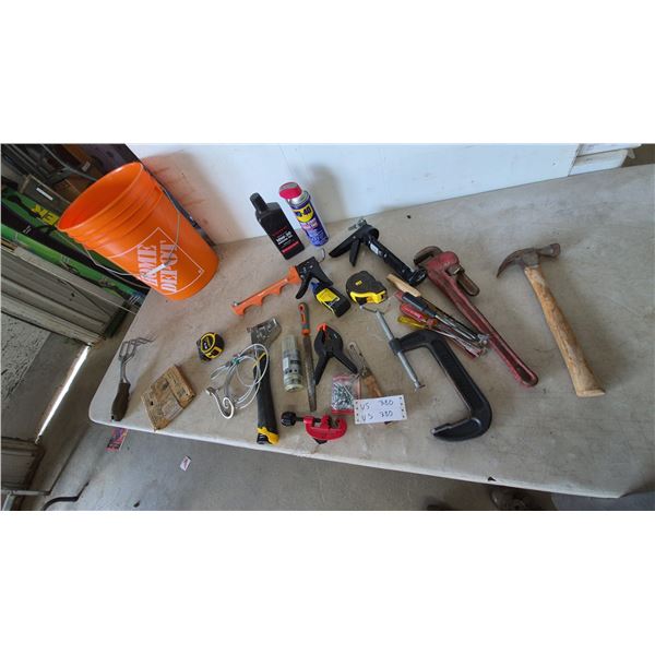 Assorted Tools: Home Depot Bucket, WD-40, 10W-30 Oil, Caulk Guns, Wrenches, Hammers