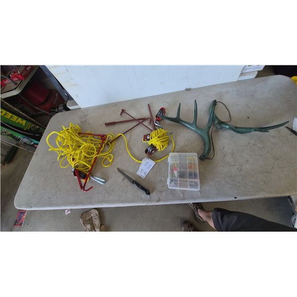Deer Antler Decoys, Game Hoist System, Fishing Lures, and Knife