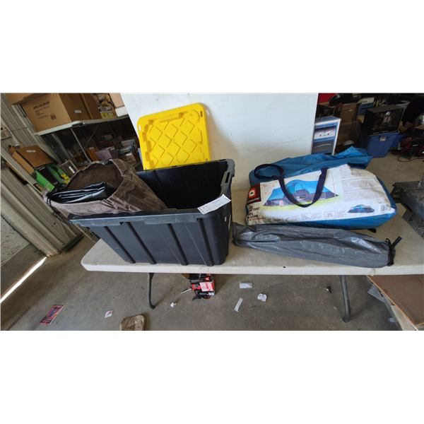 Outbound 12-Person Dome Tent, Black Storage Tote with Yellow Lid, and air mattress