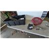 Image 1 : Harley-Davidson Motorcycle Seat, Tool Bag, and Engine Parts in Storage Bin