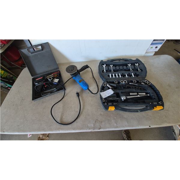 Mastercraft Angle Grinder, Socket Set, and Assorted Wrenches and Bits;