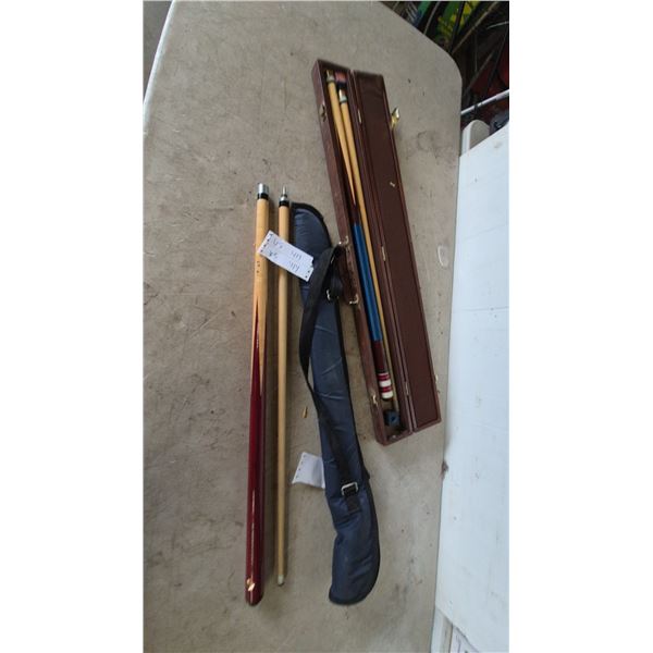 Two Pool Cues, One in Hard Case, One in Soft Case, and One Extra Cue Shaft