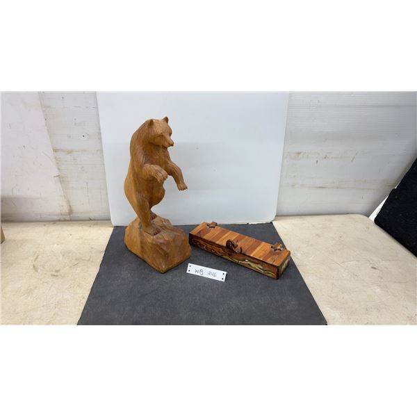 Vintage Hand Carved Wood Bear, 15” Tall.and Wood Hinged Case