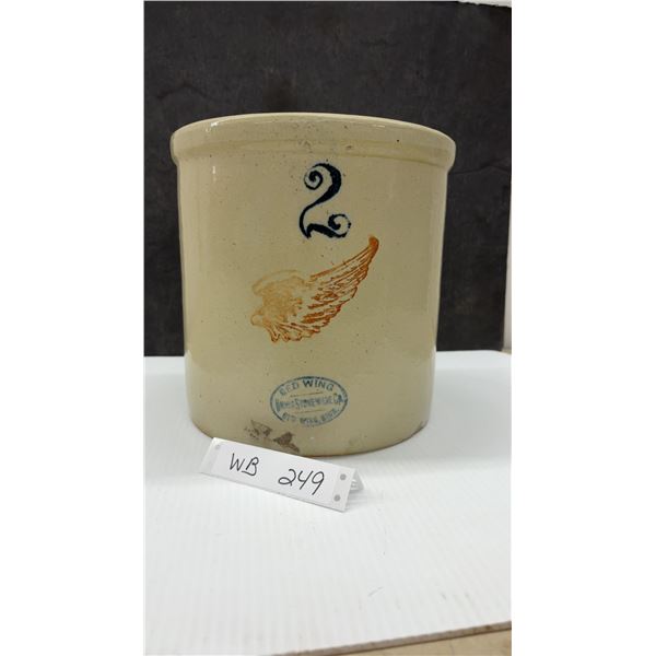 Antique Red Wing Union Stoneware 2 Gallon 2” Wing Crock Pot