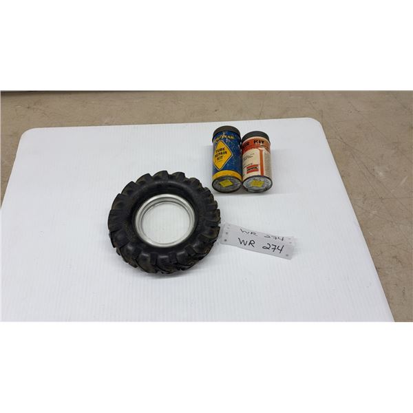 Vintage Dominion Royal Grip Master Farm Tractor Promotional Ashtray and 2 Tube Repair Cans with