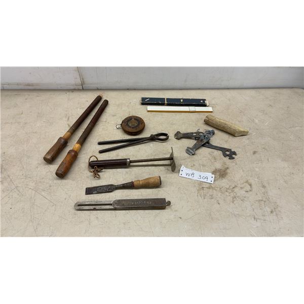 Vintage Woodworking Tools, Chisel, Tape Measure, Scraper, Wrenches, T-Square, Blacksmith Tool