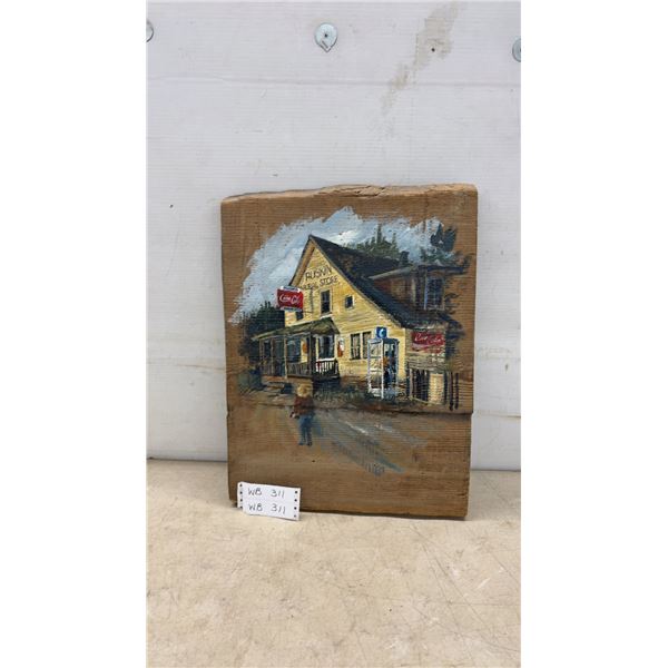 Vintage Primitive Painting of General Store with Coca-Cola Signage on Wood, 20” x 15 1/2” x 2”