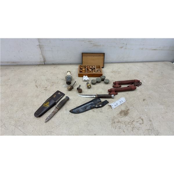 Vintage Hardware Store Lot: Cabinet Knobs, Roller Door Hinges, Hunting Knives, Porcelain Knobs