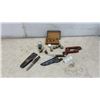 Image 1 : Vintage Hardware Store Lot: Cabinet Knobs, Roller Door Hinges, Hunting Knives, Porcelain Knobs