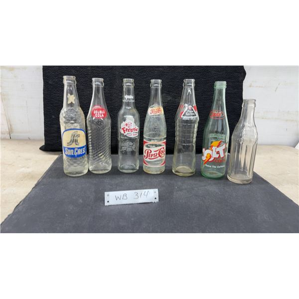 7 Vintage Soda Pop Glass Bottles: Frostie, Pepsi, Double Cola, Jolt, Sun Crest