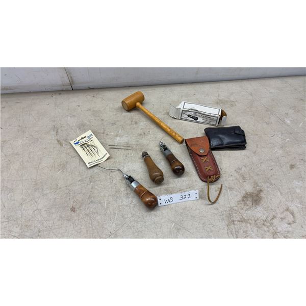 Vintage Leather Tools Lot: 3 Lock Switch Sewing Awls, Repair Needles, Mallet, Wallet and Leather