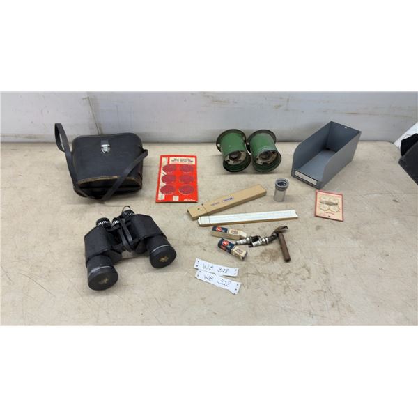 Vintage Porcelain Light Gas Station Fixtures, Slide Rule, Spark Plugs, Binoculars, Reflectors