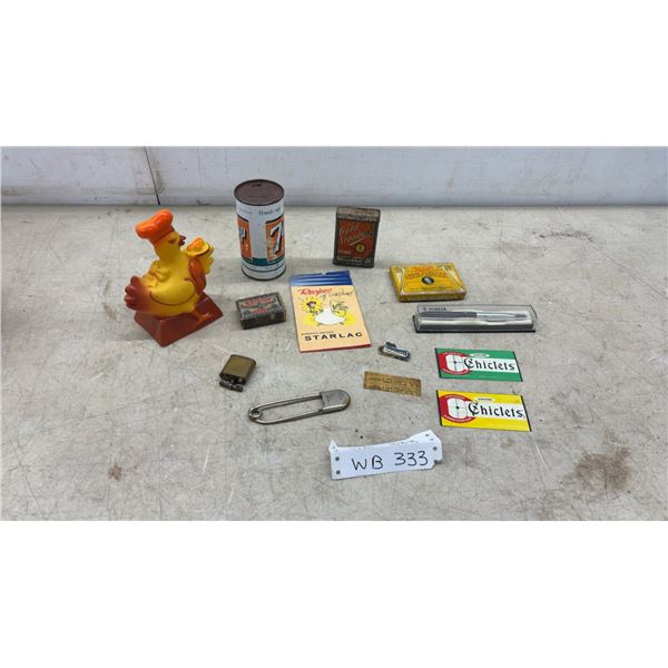 Vintage General Store Lot; 7 Up Can, Chicken Delight Rubber Chicken Promo, Rawleigh Tin, Brass