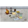 Image 1 : Vintage General Store Lot; 7 Up Can, Chicken Delight Rubber Chicken Promo, Rawleigh Tin, Brass