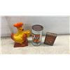 Image 2 : Vintage General Store Lot; 7 Up Can, Chicken Delight Rubber Chicken Promo, Rawleigh Tin, Brass