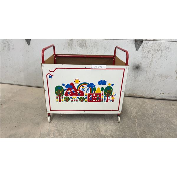 Vintage 1970s Child's Mobile Toy Storage Cart with Red Metal Frame and Whimsical Graphics