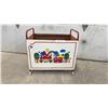 Image 1 : Vintage 1970s Child's Mobile Toy Storage Cart with Red Metal Frame and Whimsical Graphics