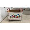 Image 4 : Vintage 1970s Child's Mobile Toy Storage Cart with Red Metal Frame and Whimsical Graphics