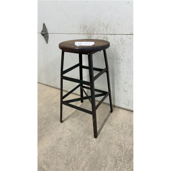 Vintage Mechanics Workshop Handmade Stool with Round Wooden Seat and Metal Base, 24” High