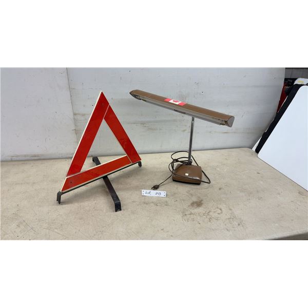 Vintage Amilite Brown Gooseneck Fluorescent Desk Lamp and Reflective Warning Triangle