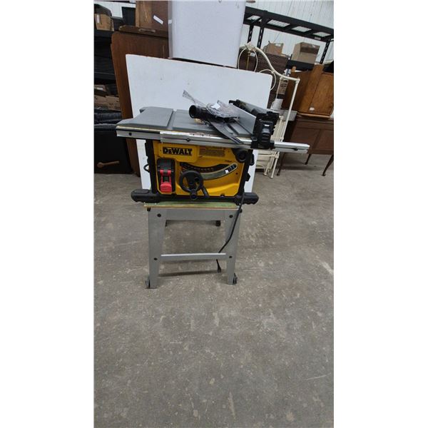DeWalt Table Saw on Rolling Stand, Blade Guard, Push Stick, and Rip Fence