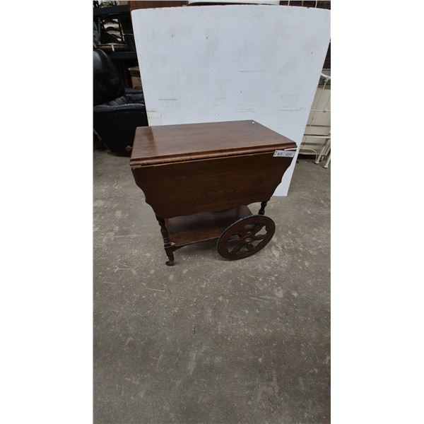 Drop Leaf Tea Cart with Carved Apron, Spindle Legs, and Spoked Wheels